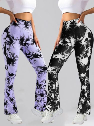2 Pack Tie Dyed High Waisted Flared Butt-lifting Fitness Sports Women's Yoga Bell-bottom Pants, Workout Leggings For Women