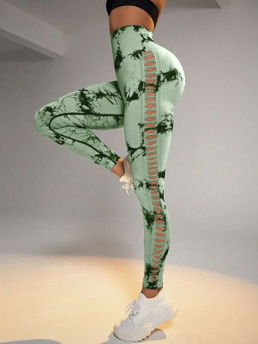 Cut Out Side Hollow Tie Dyed Yoga Pants, High Waist And Hip Lifting Fitness Pants With Side Hollow Seamless Sports Tights